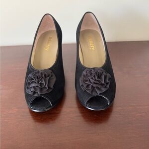 Black Suede Peep-Toe Heels with Rosette
